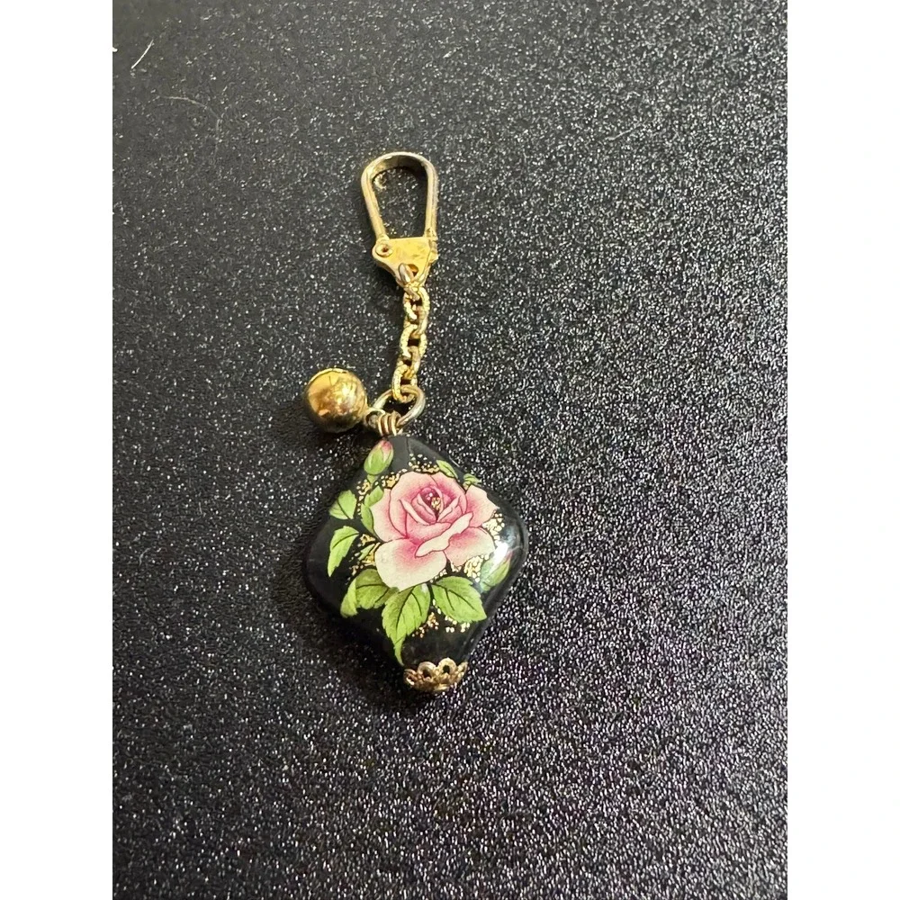 Dainty Rose Charm Keychain Gold Tone Bell Floral Art Black Enamel Pendant